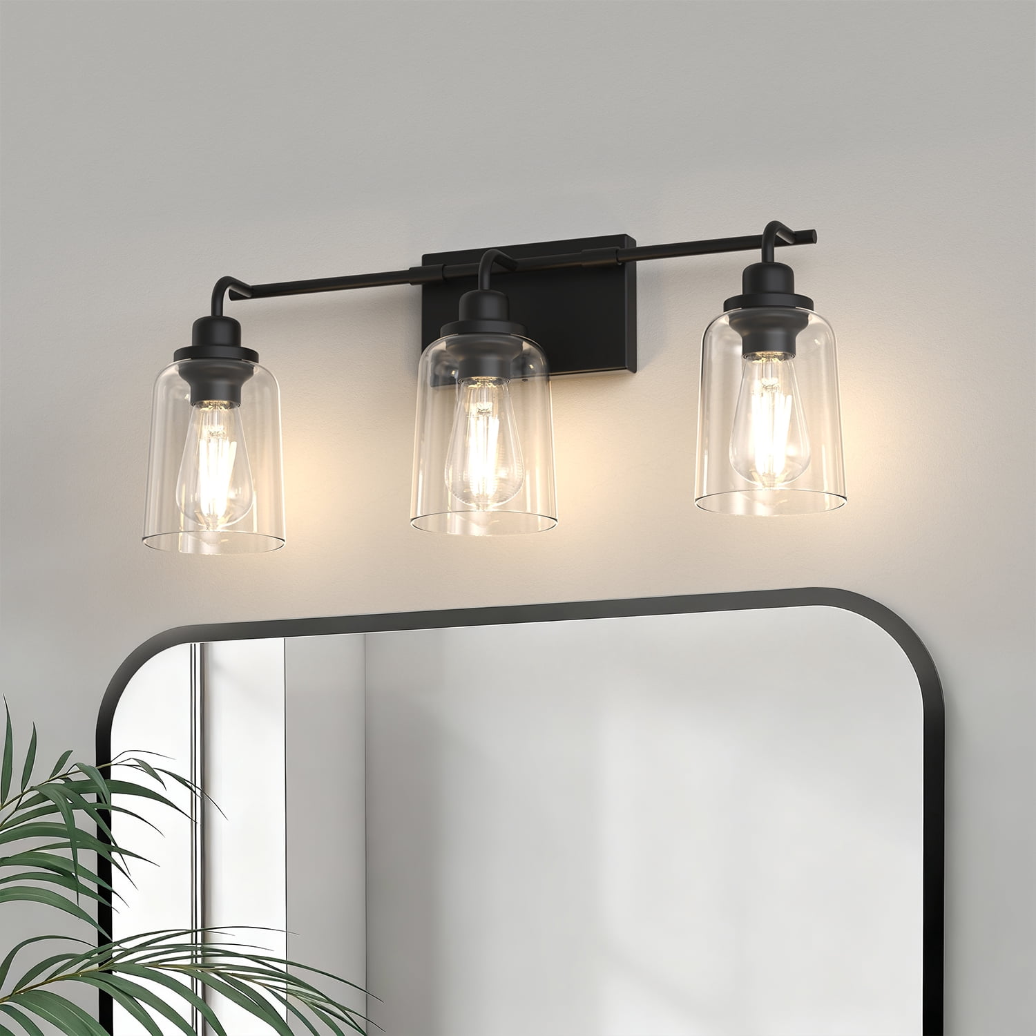 YANSUN 23.3" 3-Light Vanity Mirror Light Bar, Black Light Fixture with Waterdrop Glass Shades for Bathroom, Makeup Vanity, Dressing Room