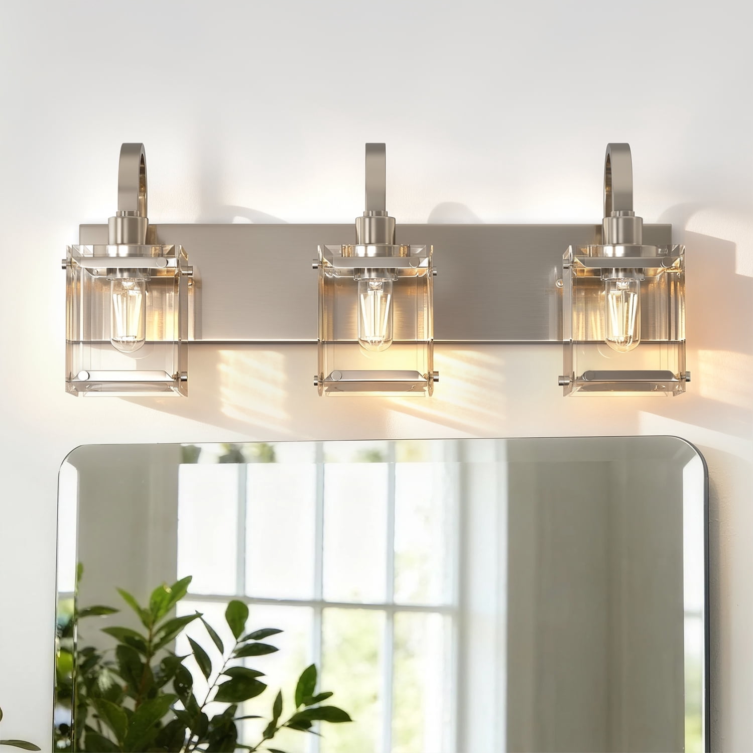 YANSUN 23.5 in 3-Light Brushed Nickel Modern Bathroom Vanity Light with Square Glass Shades for Bathroom Hallway (Bulbs Not Included)