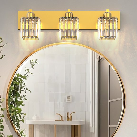 YANSUN 23.6" 3-Light Gold Mirror Vanity Light with Crystal Shades,15W Integrated LED, 3CCT & Dimming, CRI 90+, for Bathroom, Makeup Area
