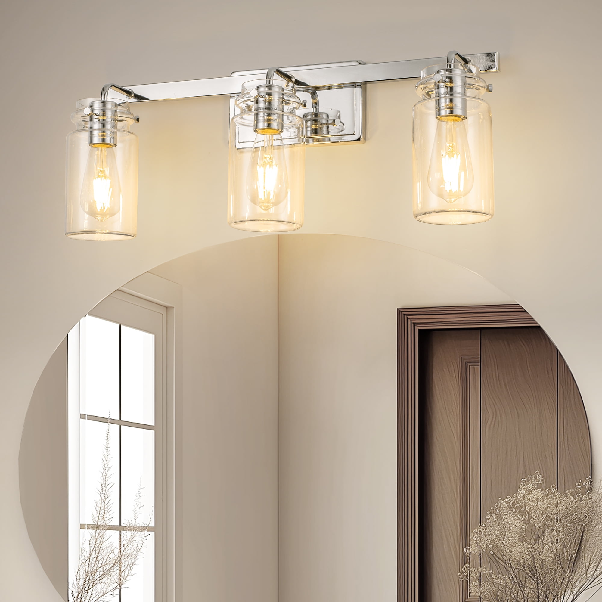 YANSUN 23.7" 3-Light Chrome Bathroom Vanity Light, E26 Base with Glass Shades for Mirror, Makeup, Dressing Room (Bulbs Not Included)