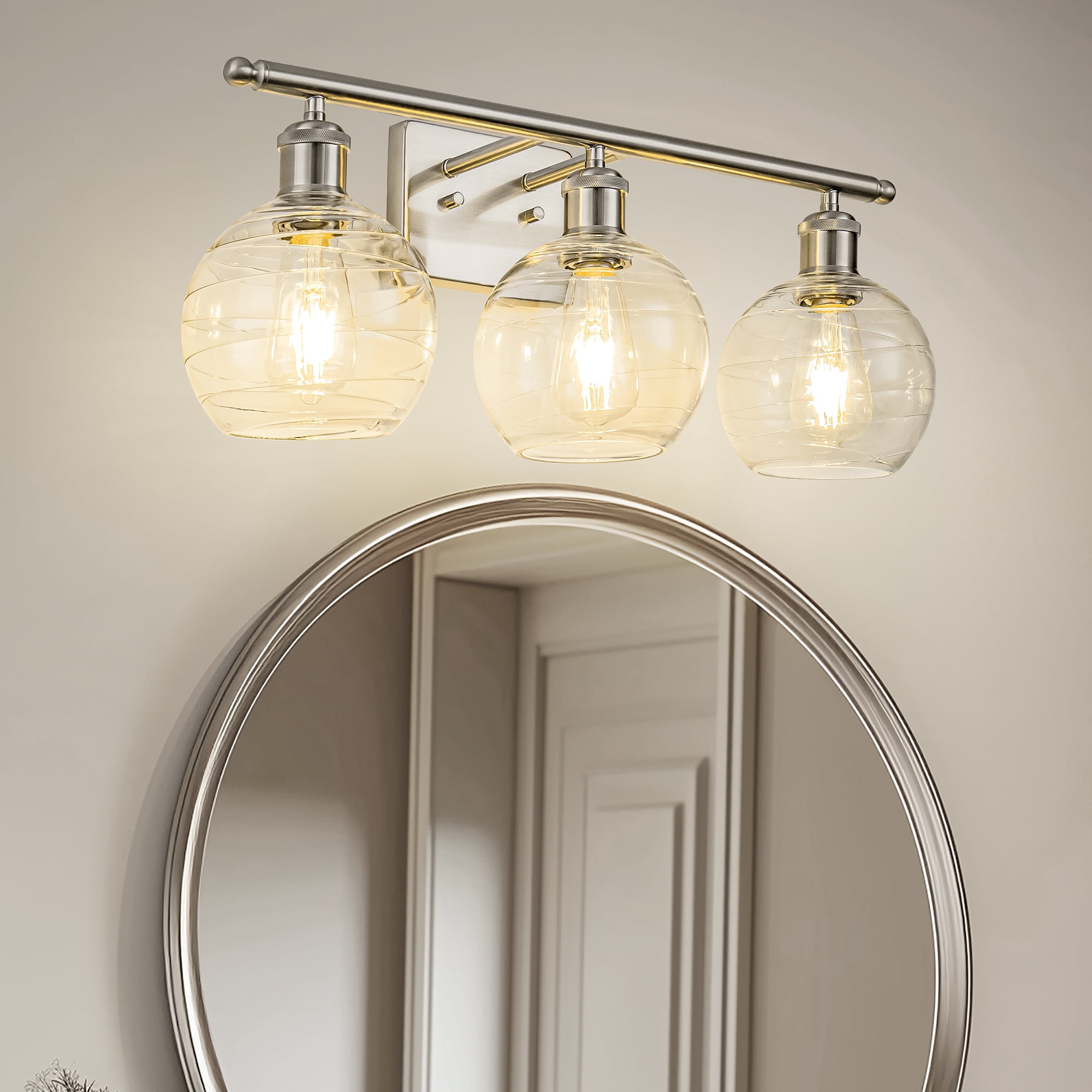YANSUN 23 in 3-Light Nickel Vanity Light with Clear Glass Globes for Bathroom Mirror, Makeup Vanity, Dressing Room (Bulbs Not Included)