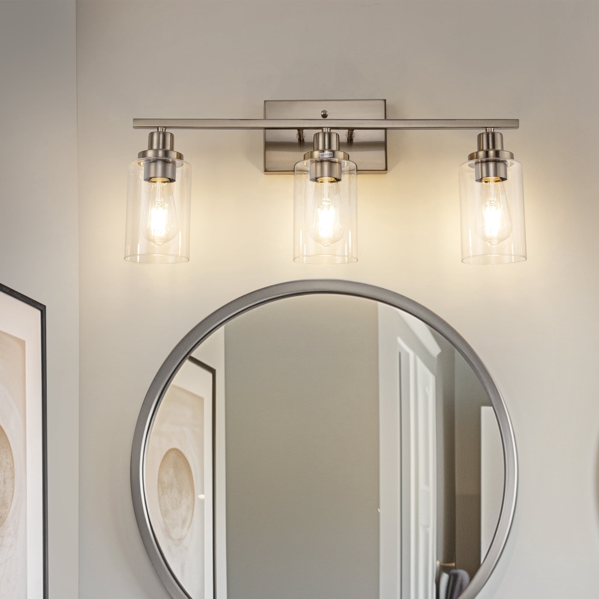 YANSUN 24 in 3-Light Industrial Brushed Nickel Vanity Light Fixtures for Bathroom with Clear Glass Shades, for Master Bath, Guest Bathroom, Powder Room or Bedroom