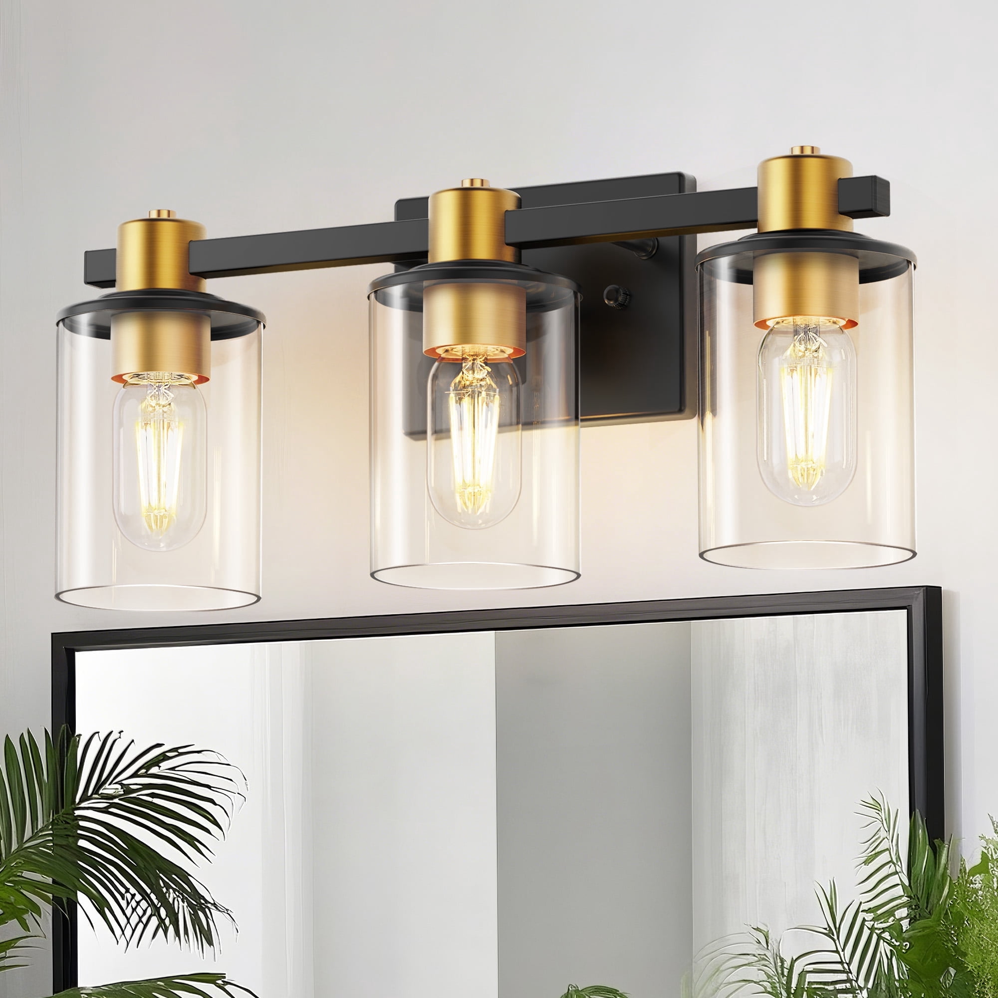YANSUN 24.4 in 3-Light Black Gold Bathroom Vanity Lighting, Modern Fixture with Clear Glass Shades for Mirror, Vanity Lights for Bathroom Hallway Bedroom
