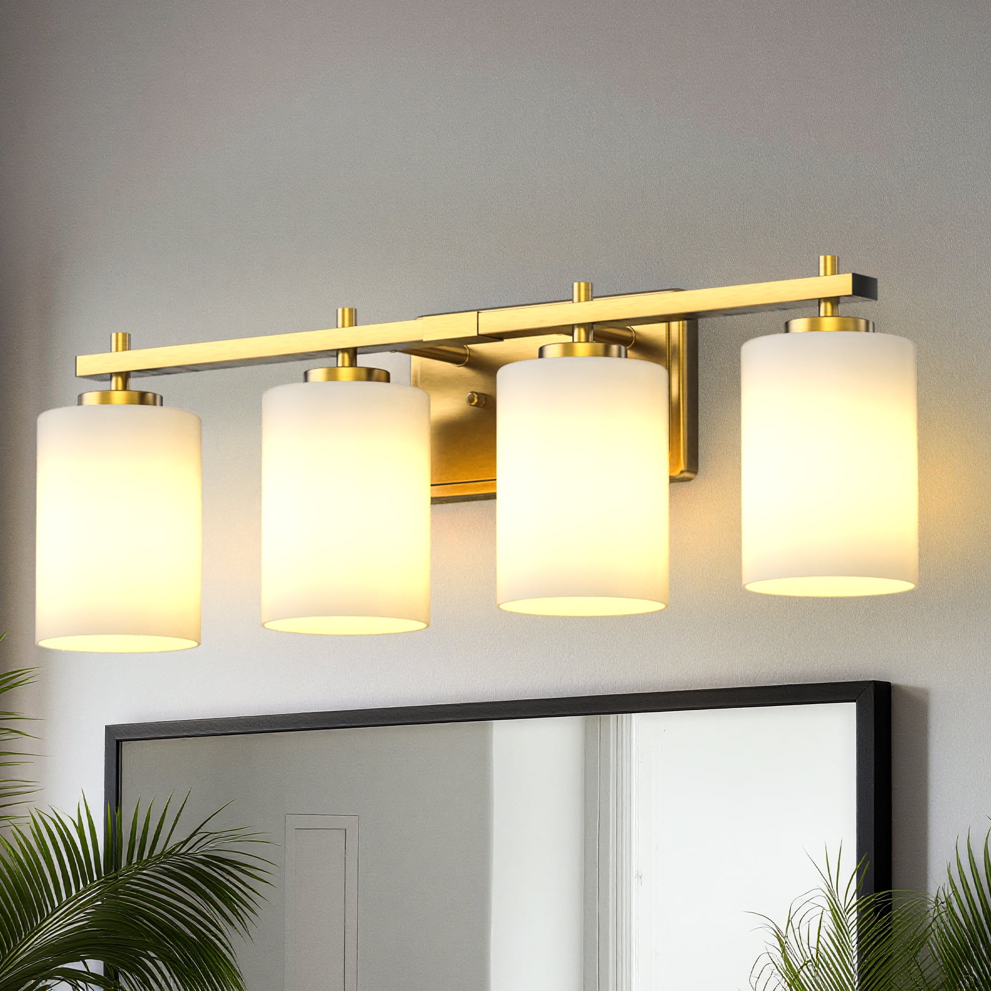 YANSUN 24.4 in 4-Light Bathroom Vanity Light with Frosted Glass and Gold Iron Frame, for Bathroom Mirror, Bedroom, Living Room, Hallway, Vanity Table, E26 Base