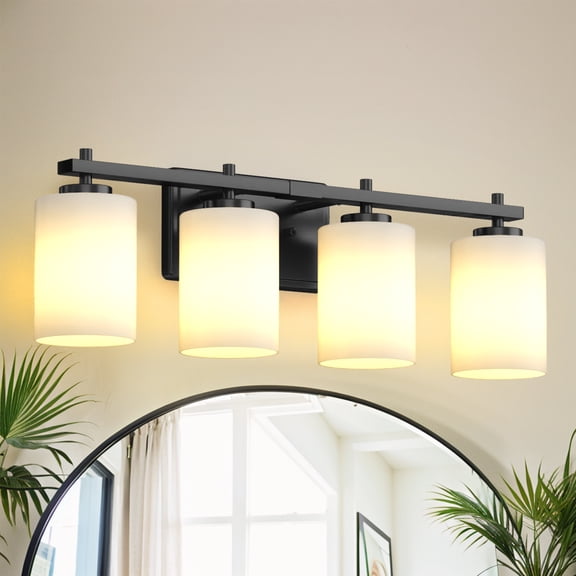 YANSUN 24.4 in 4-Light Black Bathroom Vanity Light, Light Fixtures with Milky White Frosted Glass Shades and Black Iron Frame, Black Vanity Light for Bathroom Mirror, Bedroom, Vanity Table