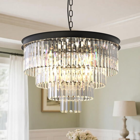 YANSUN 24 in 12-Light 4-Tier Black Crystal Chandelier, Modern Pendant Ceiling Light for Dining Room, Living Room, Bedroom