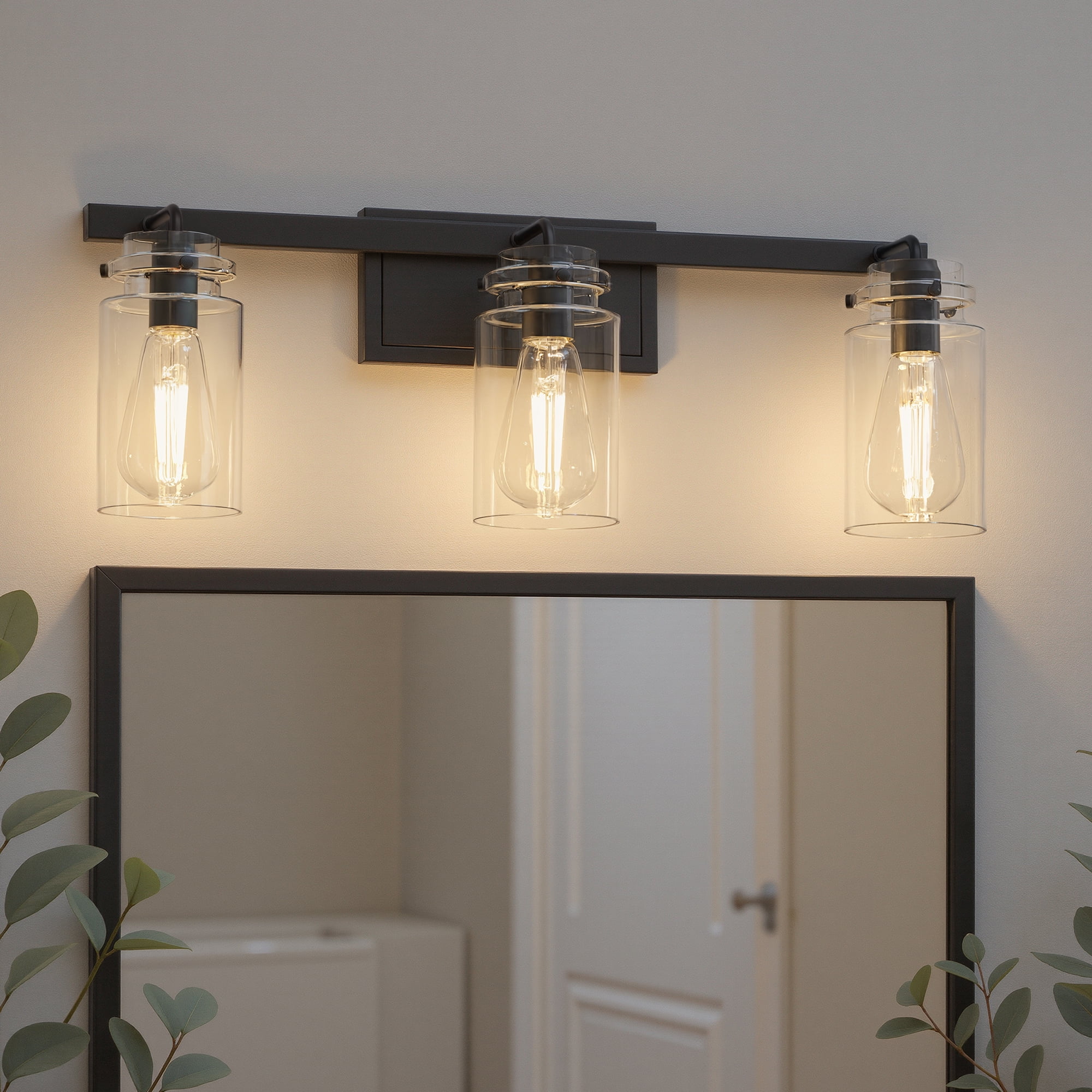 YANSUN 24 in 3-Light Black Modern Cylinder Vanity Light, Clear Glass Bathroom Wall Fixture Over Mirror, for Bathrooms, Powder Rooms, or Vanity Nooks