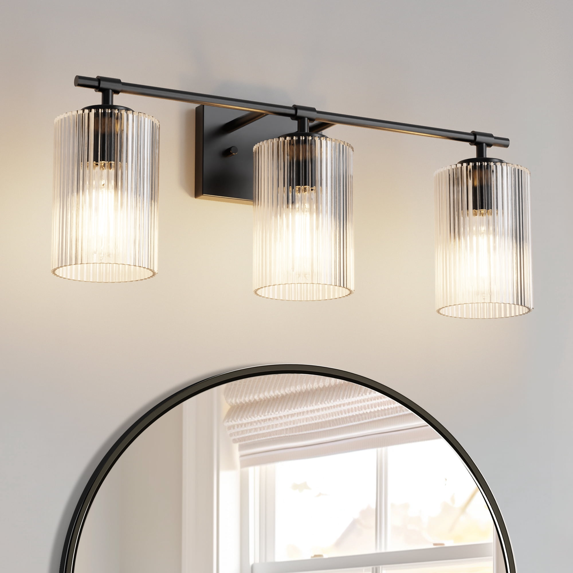 YANSUN 24 in 3-Light Black Vanity Light with White Cylinder Glass Shades for Bathroom, Mirror, Vanity Area