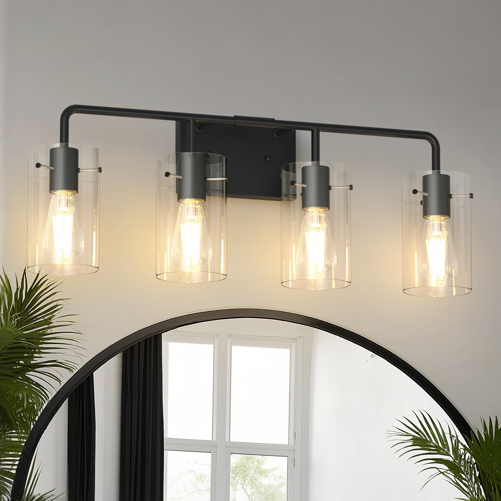 YANSUN 26.7 in 4-Light Black Metal Vanity Light with Clear Glass Shade Bathroom Fixture for Modern Farmhouse Style Spaces