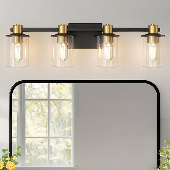 YANSUN 26in 4-Light Bathroom Vanity Light, Modern Black Gold Wall Sconce with Clear Glass Shades, E26 Base, Large Mirror Front Light Fixture for Bathroom, Bedroom, Makeup Dressing Table