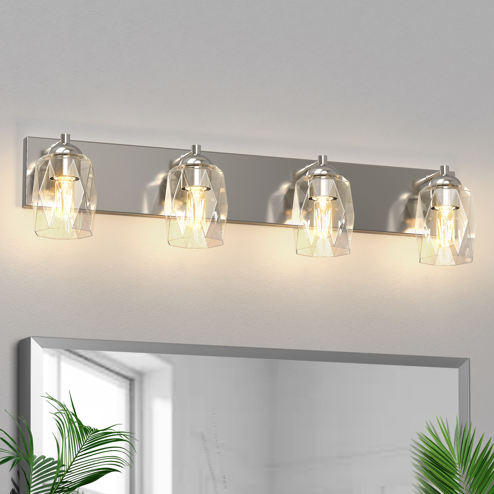 YANSUN 27.2 in 4-Light Nickel Modern Vanity Light, Unique Cylinder Glass Shade Bathroom Mirror Wall Fixture, Vanity Lights for Hallway Living Room Bedroom