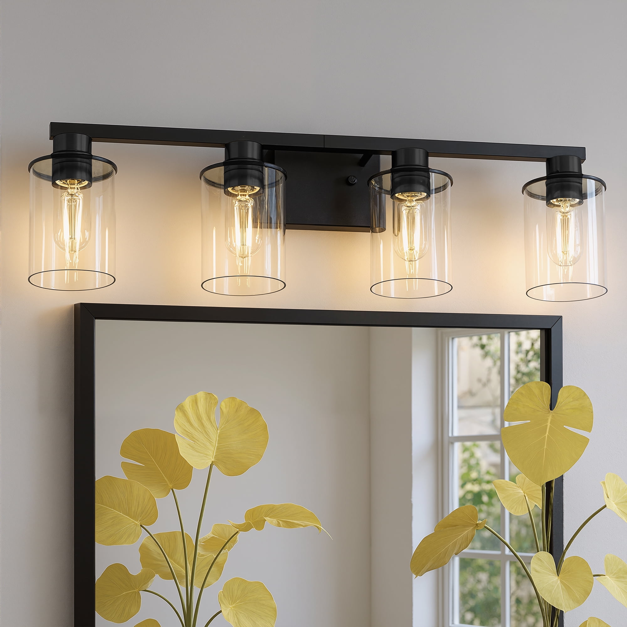 YANSUN 27.2 in 4-Light Black Bathroom Vanity Light Fixtures Over Mirror with Clear Glass Shades for Bathroom, Powder Room, Bedroom