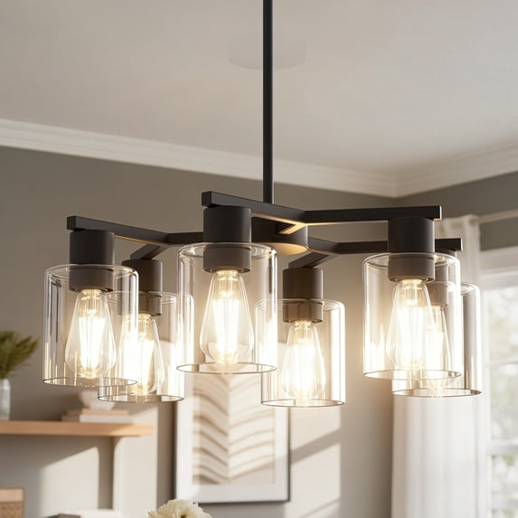 YANSUN 27 in 6-Light Matte Black Modern Chandeliers, Hanging Lighting Fixture with Clear Glass Shade for Kitchen Island living Room, E26 Bulb Base