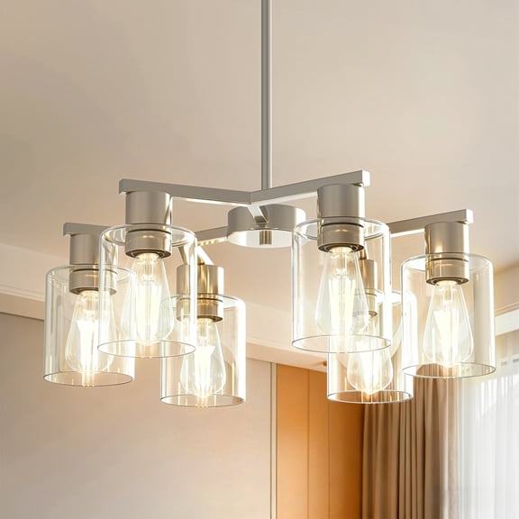YANSUN 27 in Adjustable 6-Light Chandelier with V-Shaped Rod, Sand Nickel Finish, Clear Glass Shades for Dining Room Living Room