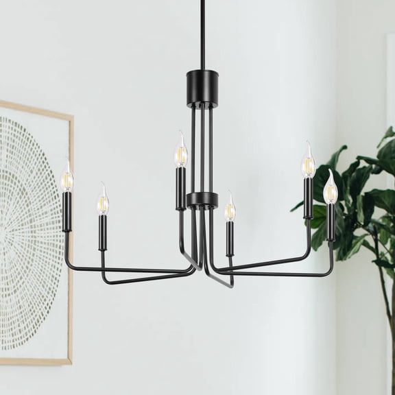 YANSUN 28in 6-Light Modern Chandelier, Matte Black Candle-Style Pendant Light with E12 Base (Bulbs Not Included), Adjustable Height for Dining Room, Living Room, Foyer