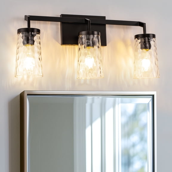 YANSUN 3-Light Bathroom Vanity Light Fixture with Textured Glass Shades, E26 Base, 24in Matte Black Modern Farmhouse Vanity Lighting for Bathroom Mirror, Bedroom