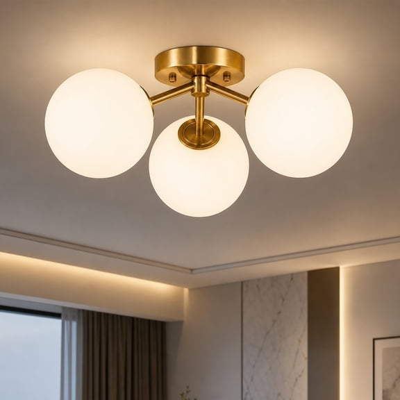 YANSUN 3-Light Globe Semi Flush Mount Ceiling Light, Copper Finish Metal Frame, Glass Shades, E12 Base, 110V, Bulbs Not Included