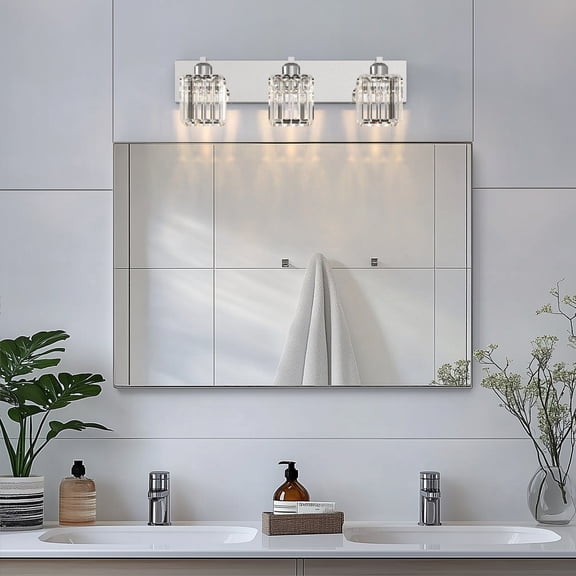 YANSUN 3-Light LED Vanity Light, Modern Chrome Bathroom Light Fixture with Square Crystal Shades, 24in Hardwired Wall Sconce for Mirror, Bathroom, Bedroom