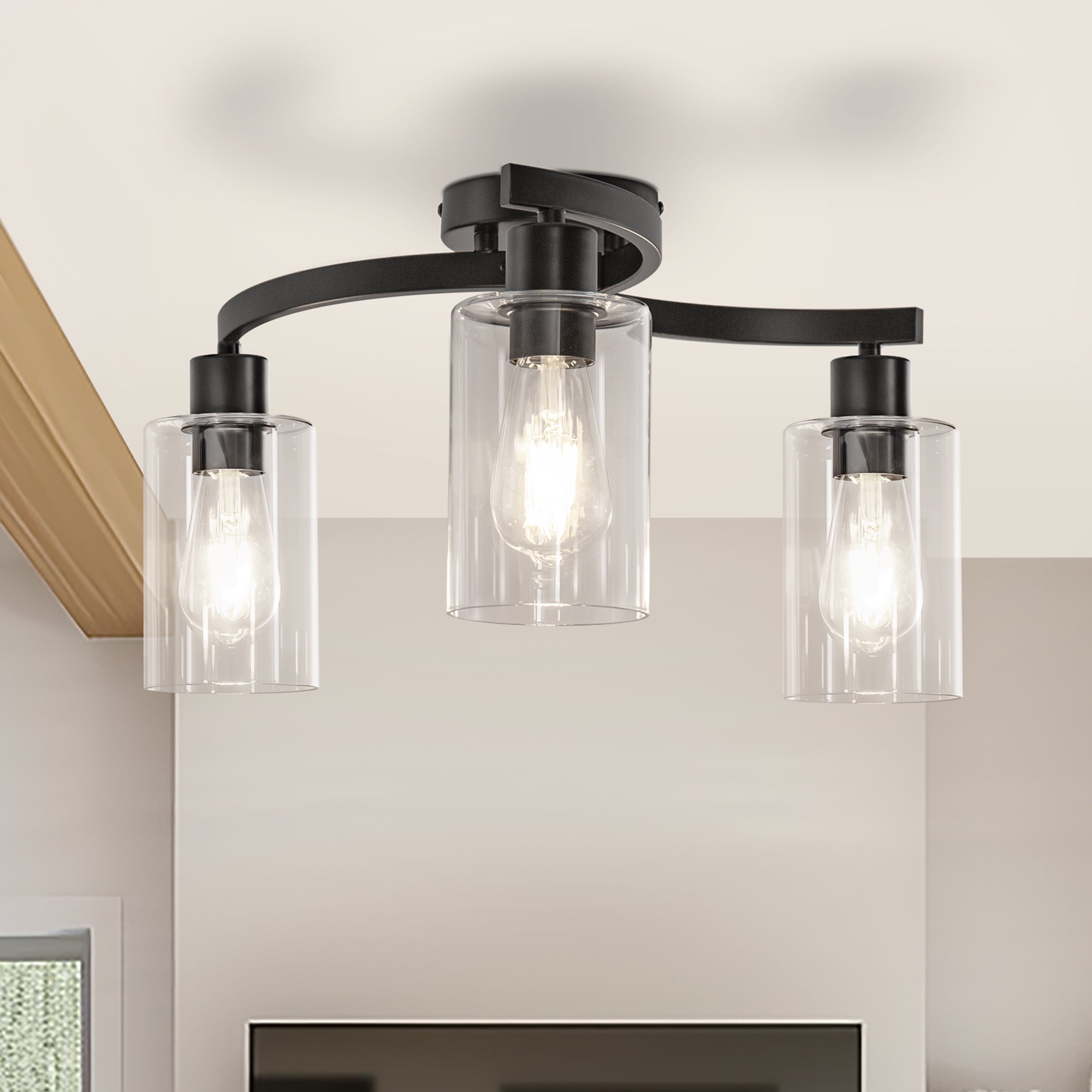 YANSUN 11.8 in 3-Light Matte Black Semi-Flush Mount, Ceiling Fixture with Clear Glass Shades for Bedroom, Living Room, Hallway & Entryway