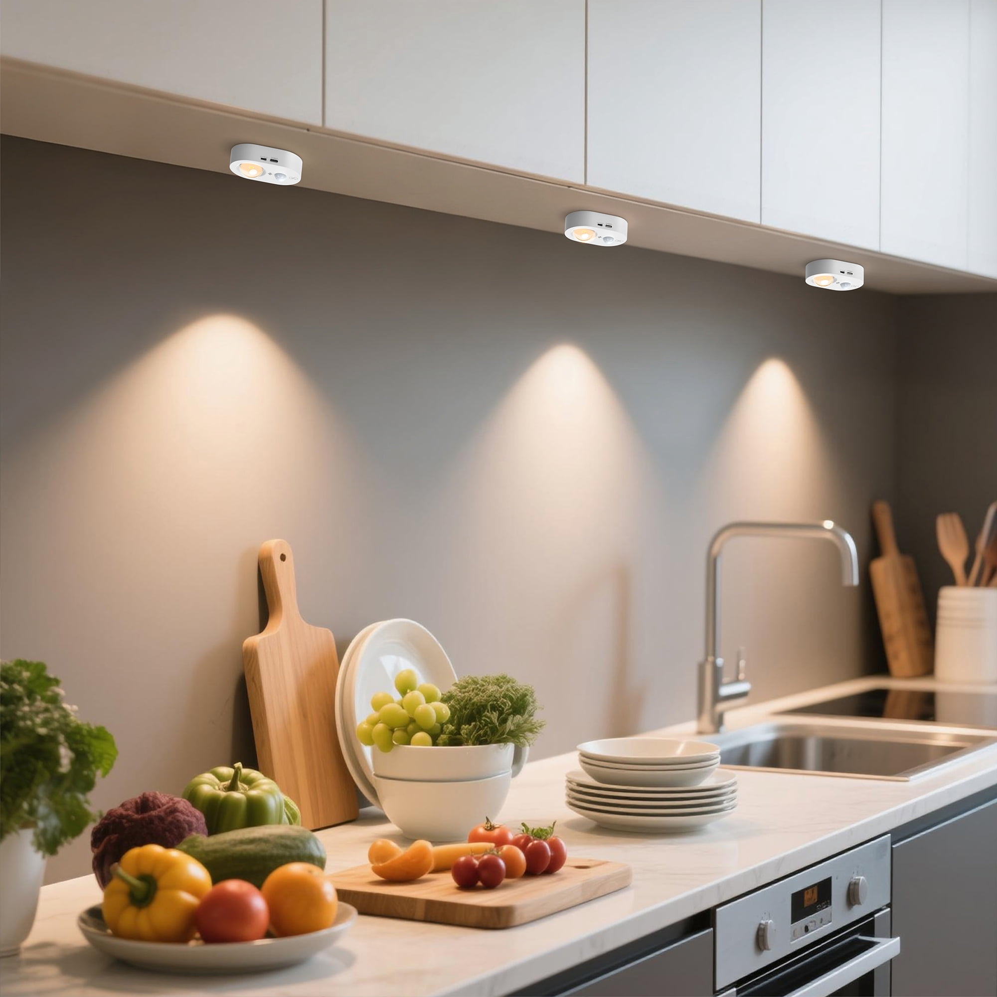 YANSUN 3-Pack White LED Under Cabinet Lighting, Wireless Under Cabinet Lighting, Rechargeable Motion Sensor Dimmable Under Counter Lights with Remote, for Drawer, Kitchen