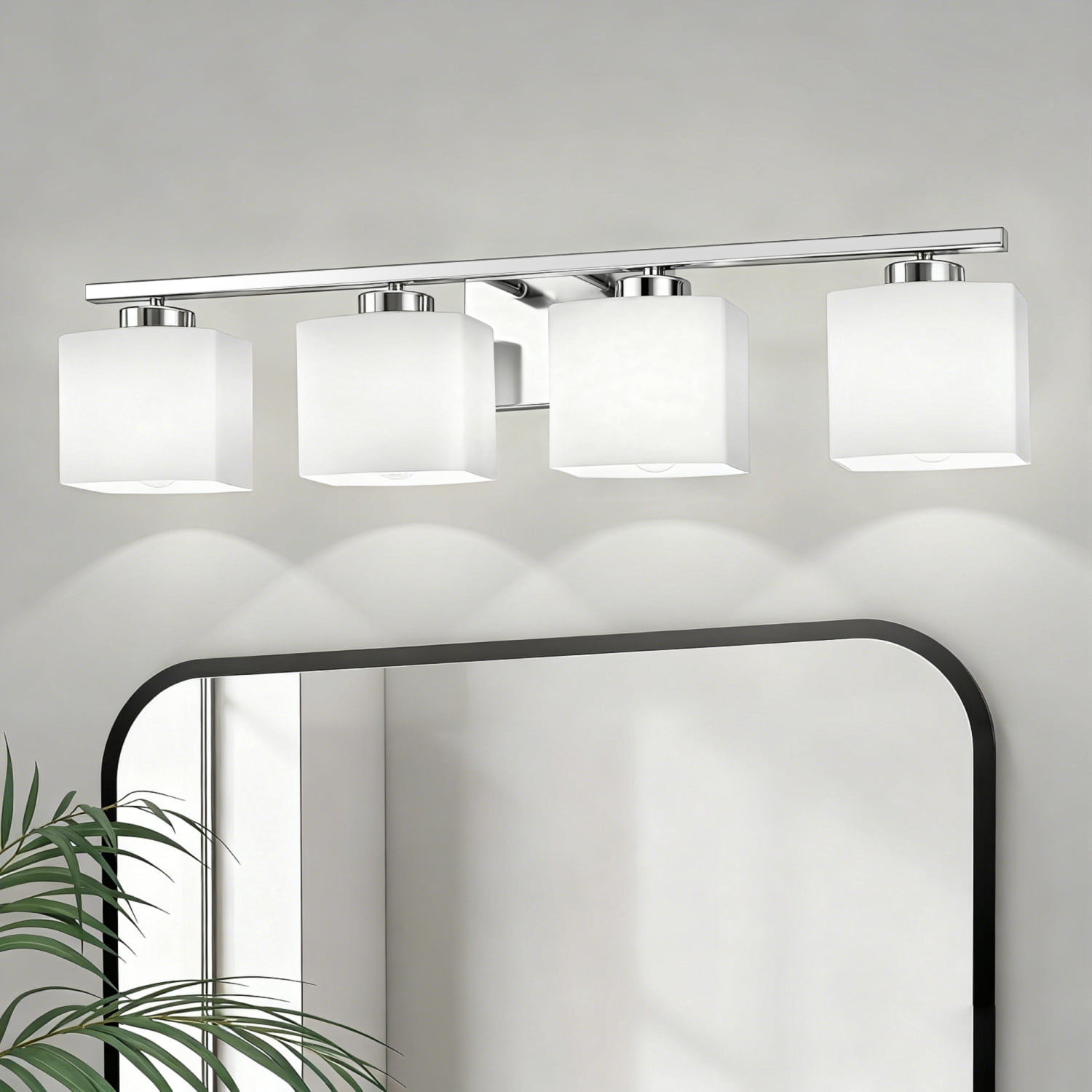 YANSUN 30.7 in 4-Light Bathroom Vanity Light, Chrome Modern Vanity Fixture with White Frosted Glass Shades, E26 Socket (Bulbs Not Included)
