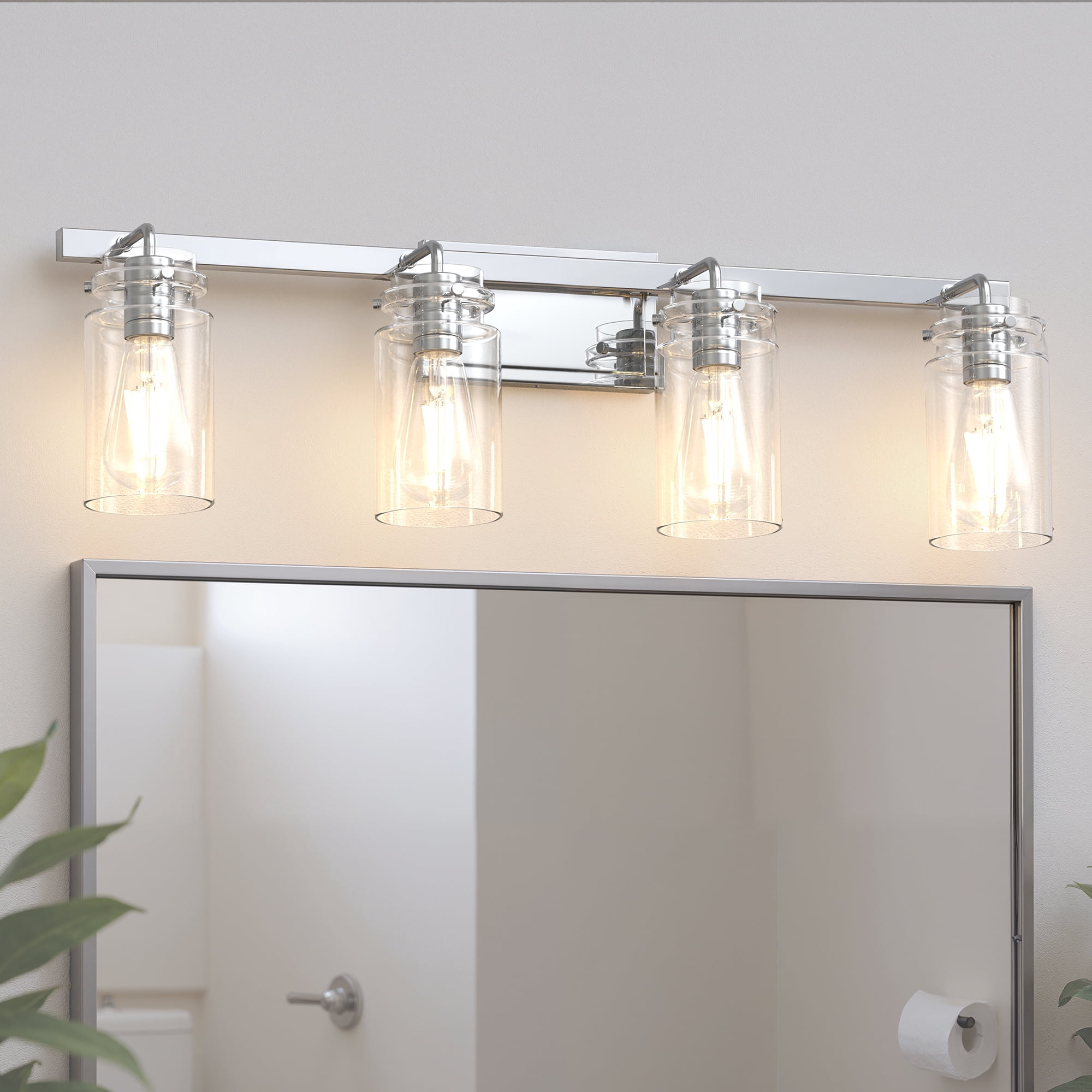 YANSUN 31.5 in 4-Light Bathroom Vanity Light, Chrome Finish, E26 Base for Mirror Lighting, Bedroom, Powder Room (Bulbs Not Included)