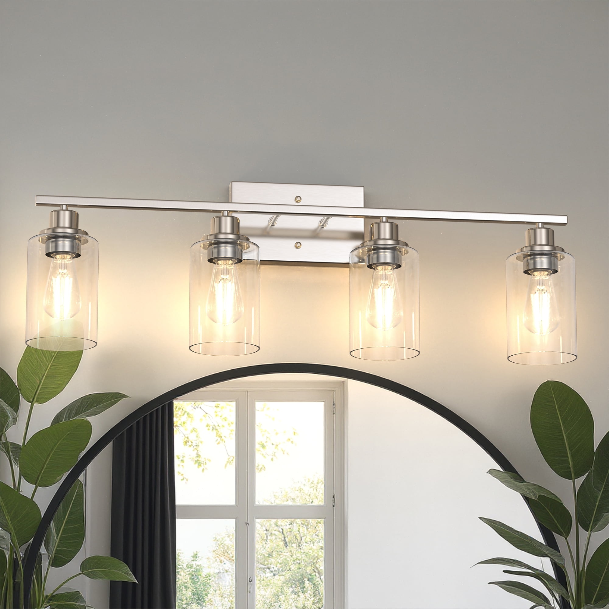 YANSUN 31.5 in 4-Light Brushed Nickel Industrial Bathroom Vanity Light with Clear Glass Shades, for Bedroom, Bathroom, Powder Room, Vanity Table