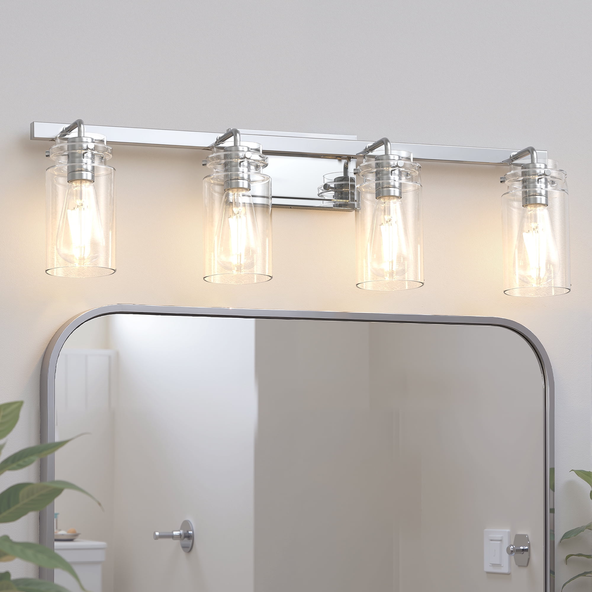 YANSUN 31.5 in 4-Light Chrome Modern Cylinder Vanity Light for Bathroom Mirror with Clear Glass Shades, for Bathrooms, Powder Rooms, or Vanity Nooks
