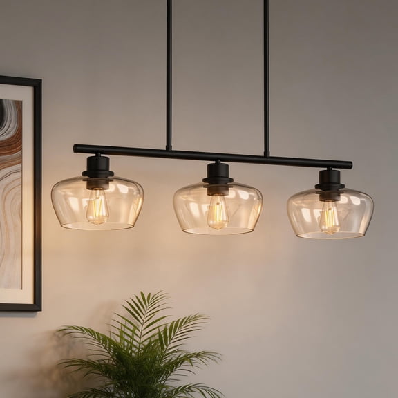 YANSUN 31.9 in 3-Light Matte Black Adjustable Industrial Island Pendant Light with Clear Glass Shades, E26 Base (Bulbs Not Included)