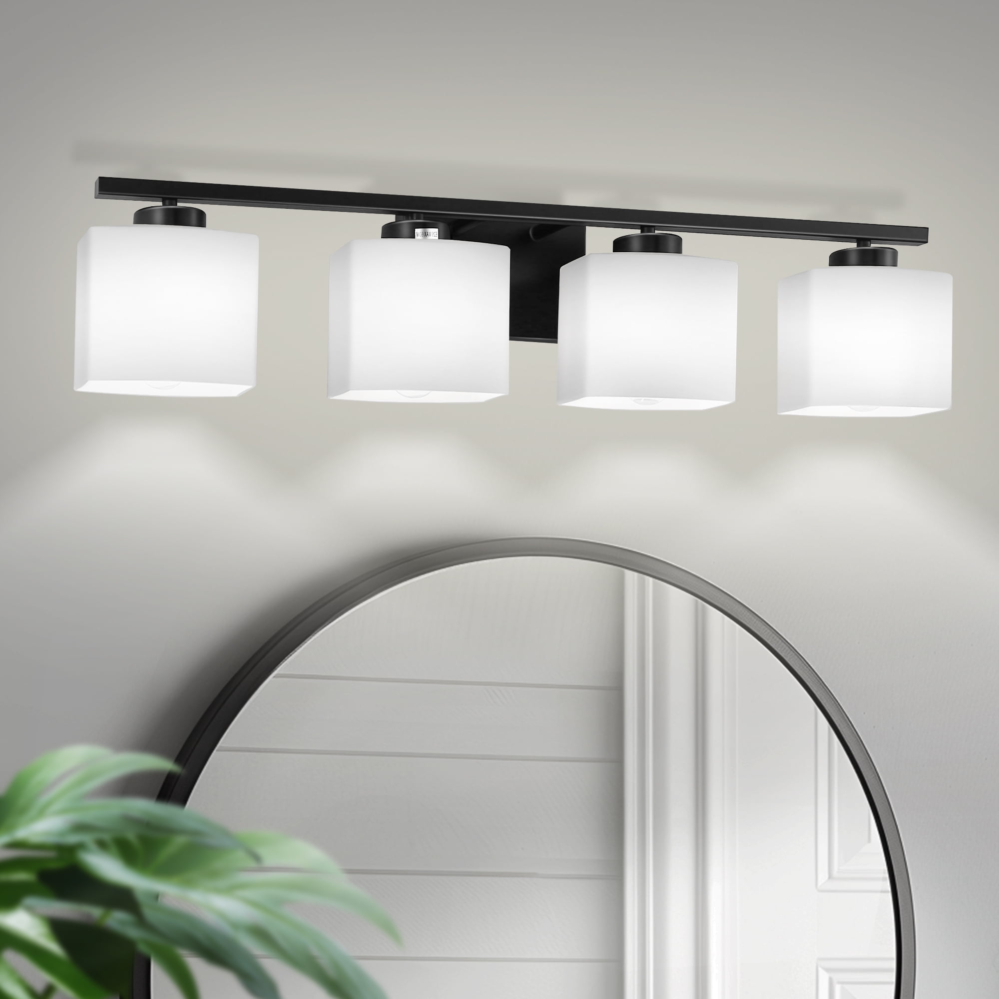 YANSUN 31 in. 4 Light Matte Black Vanity Light for Bathroom Bedroom Hallway with White Glass Shades