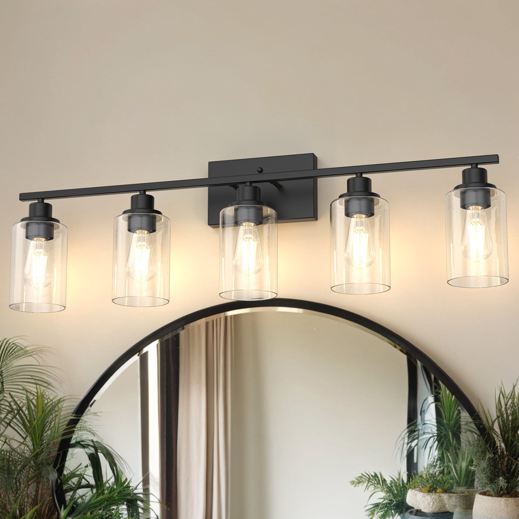 YANSUN  35.4 in 5-Light Matte Black Industrial Bathroom Vanity Light with Clear Glass Shades, Classic Wall Light Fixture for Mirror Living Room Cabinet Bedroom Porch