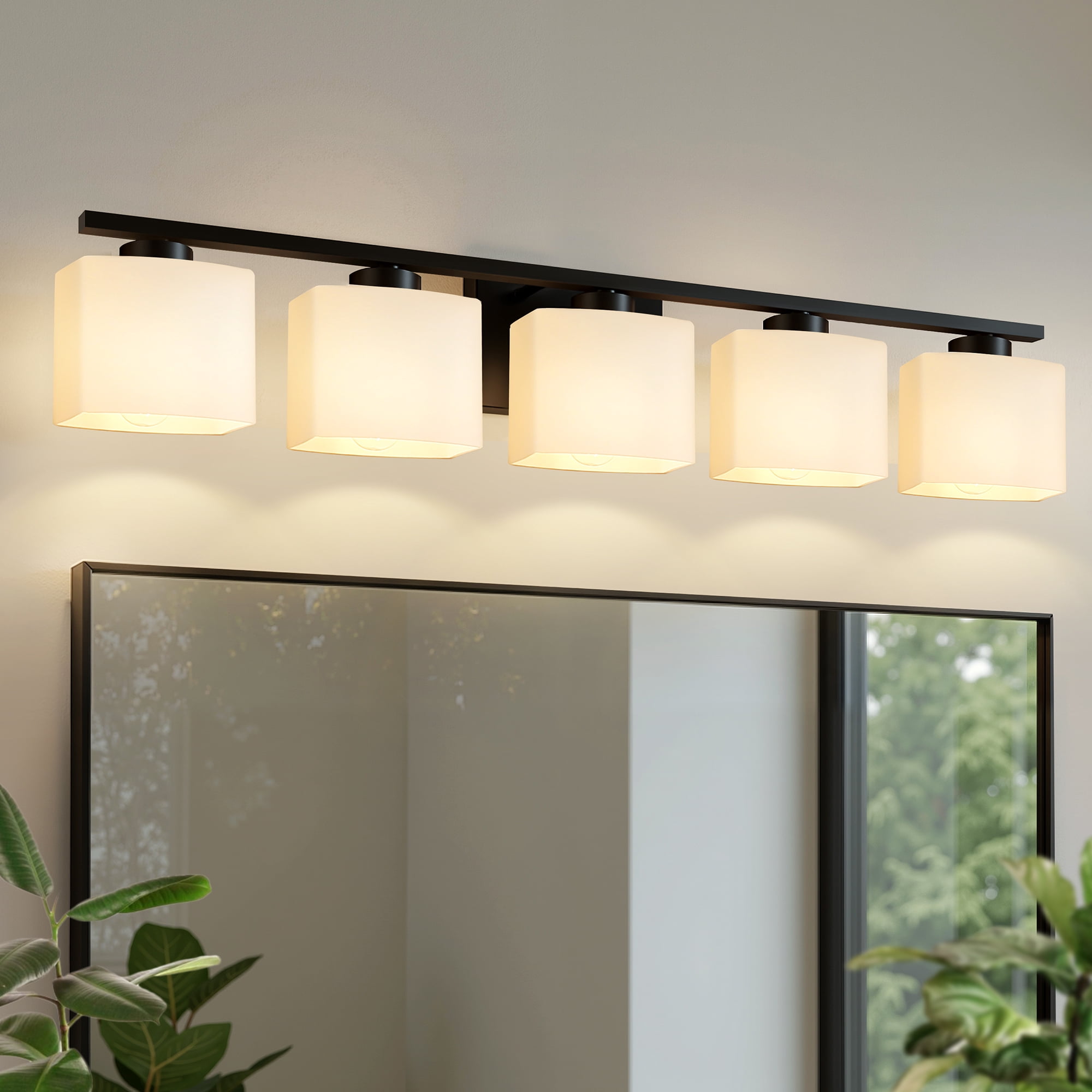 YANSUN 39.8 in 5-Light Matte Black Modern Square Vanity Light with Milk White Shades, KD Wall Lamp, Modern Vanity Light Fixture for Bathroom Mirror, Bedroom, Living Room, Hallway, Vanity Table