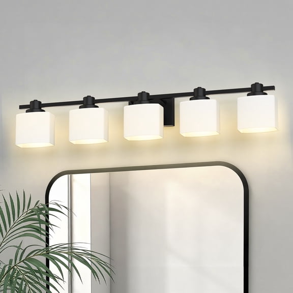 YANSUN 39.8 in 5-Light Bathroom Vanity Light, Black Linear Sconce with Square Milky Glass Shades for Bathroom, Vanity Table (Bulbs Not Included)