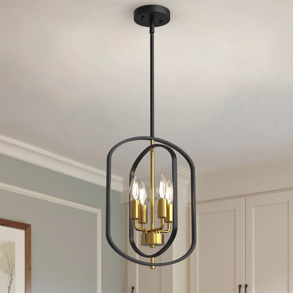 YANSUN 4-Light Black and Gold Farmhouse Chandelier,Rustic Industrial Hanging Light for Dining Room Kitchen Island Living Room