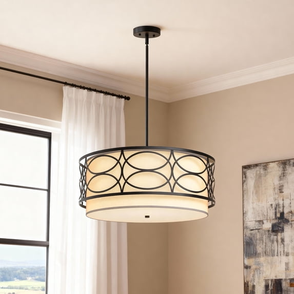 YANSUN 4-Light Black and White Drum Chandelier, Modern Dining Room Chandelier Lighting with Fabric Shade for Living Room, Dining Room, Kitchen Island