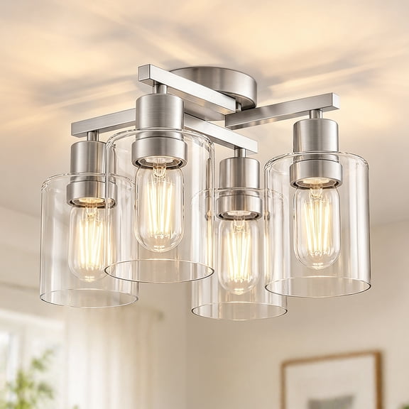 YANSUN 4-Light Nickel Semi Flush Mount Ceiling Light, Branch-Inspired Straight Rod Design, Clear Glass Shades, E26 Base, 110V, Modern Decorative Ceiling Fixture