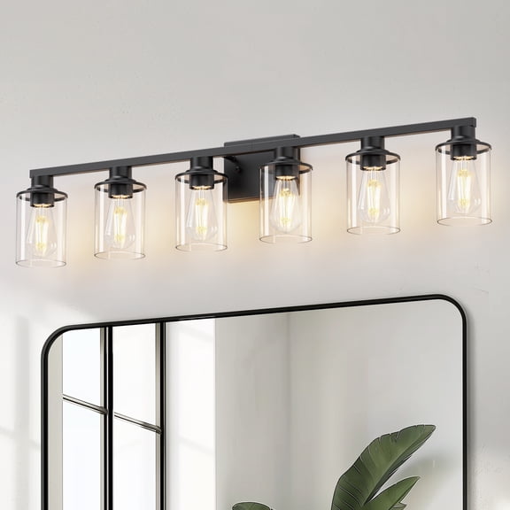 YANSUN 40.35 in 6-Light Black Bathroom Vanity Light Fixtures Over Mirror with Clear Glass Shades for Bathroom, Powder Room or Vanity Nooks