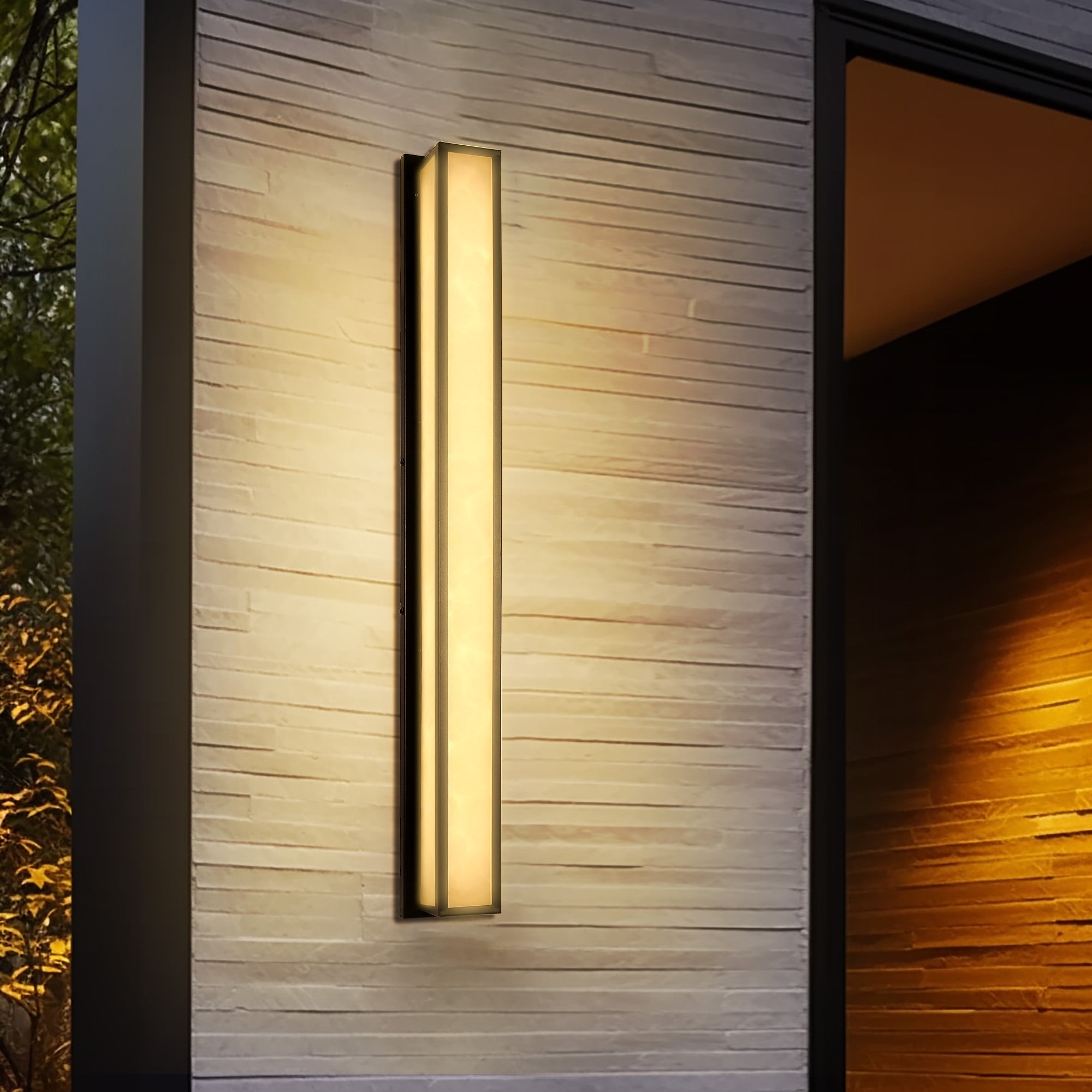 YANSUN 40.6 in 30-Watt Black Outdoor Rectangle Hardwired Integrated LED Lantern Wall Sconce with Resin Shade 3000K Waterproof, for Pathway, Porche, Entryway