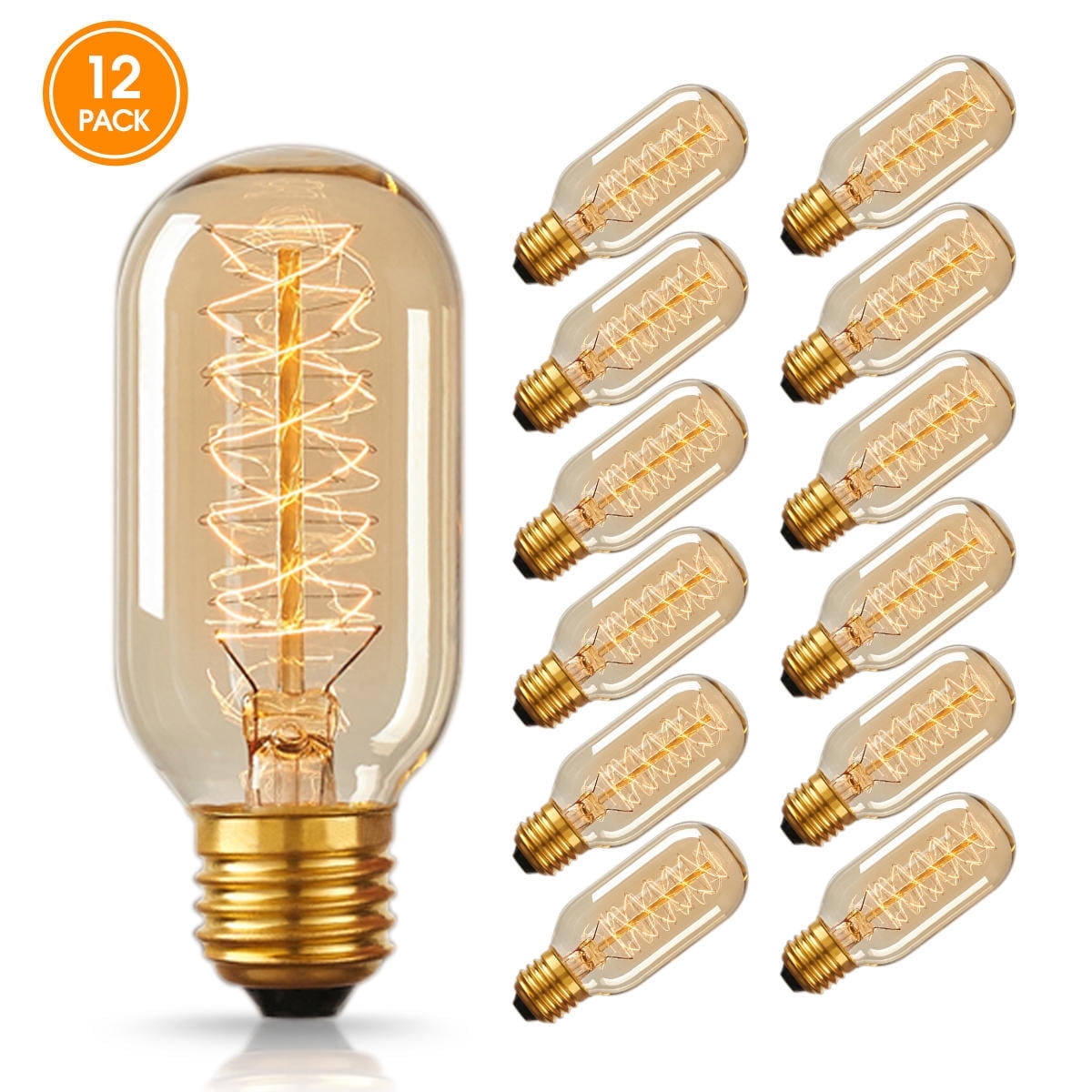 YANSUN 40 Watts Edison Light Bulb, 2700K Warm White 240LM E26 Base Retro Industrial Style T45 Tubular Amber Light Filament Bulb for Decor Dimmable 12 Pack