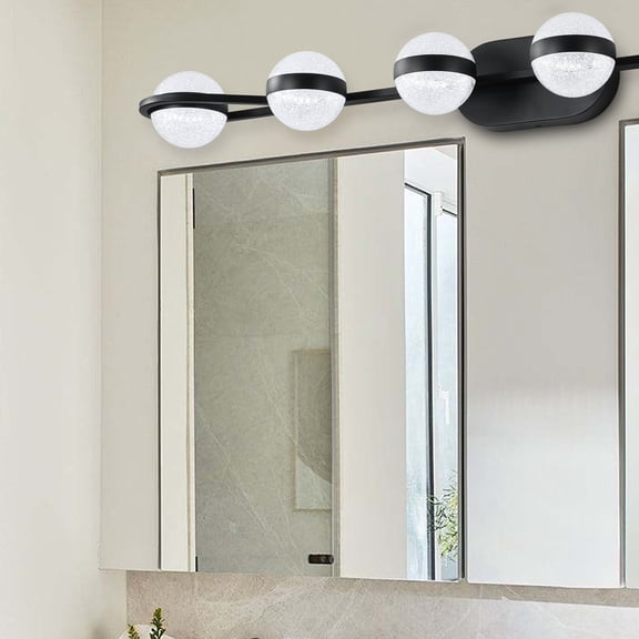 YANSUN 43.3 in Black Minimalist LED 6-Light Bathroom Vanity Light with Crystal Sand Acrylic Shades for Bathroom Mirror, Hallway, Bedroom