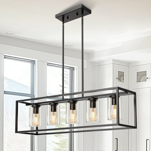 YANSUN 5-Light Dimmable Matte Black Linear Pendant Light Chandelier with Clear Glass Shade