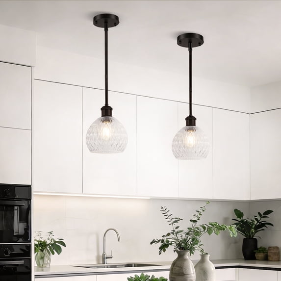 YANSUN 6.2 in 2-Pack Metta Black Pendant Light with Textured Glass Shade & Adjustable Height, E26 Bulb Base for Dining Room, Kitchen Island, Living Room