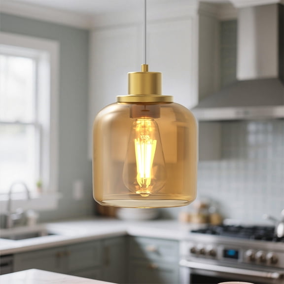 YANSUN 6.3 in 1-Light Amber Glass Pendant Light with Adjustable Hanging Cord for Dining Room, Kitchen Island, Entryway (Bulb Not Included)