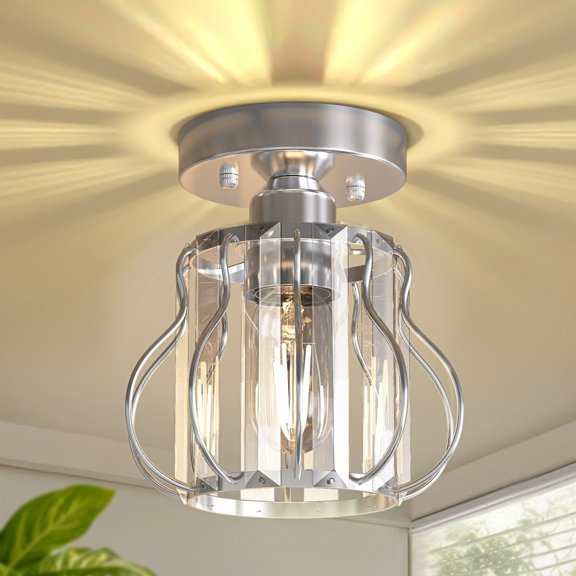 YANSUN 7.1 in Modern Crystal Strip Chrome Flush Mount Ceiling Light with Drum Crystal Shade for Entryway Hallway Closet