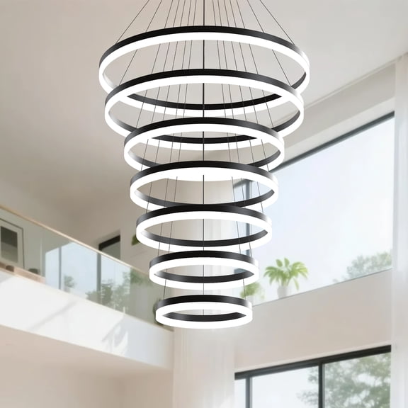 YANSUN 7-Light Ring Black Commercial Modern LED Chandelier, Dimmable Pendant Lighting for Hotel Lobby, Reception, High Ceilings