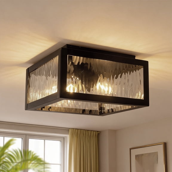 YANSUN 8.8 in 2-Light Water Ripple Glass Flush Mount Ceiling Light, Matte Black Metal Frame, E26 Base for Bedroom, Dining Room, Living Room (Bulbs Not Included)