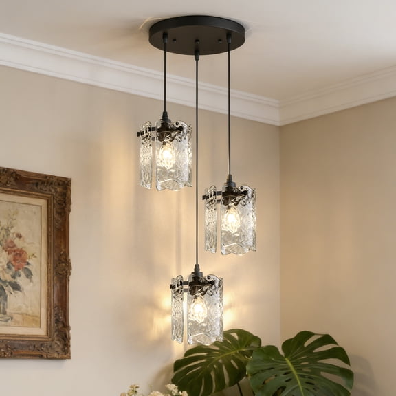 YANSUN 9.8 in 3-Light Cluster Pendant Light with Clear Textured Glass Shades, Modern Matte Black Pendant Light Fixture for Dining Room, Kitchen, Entryway E12 Base
