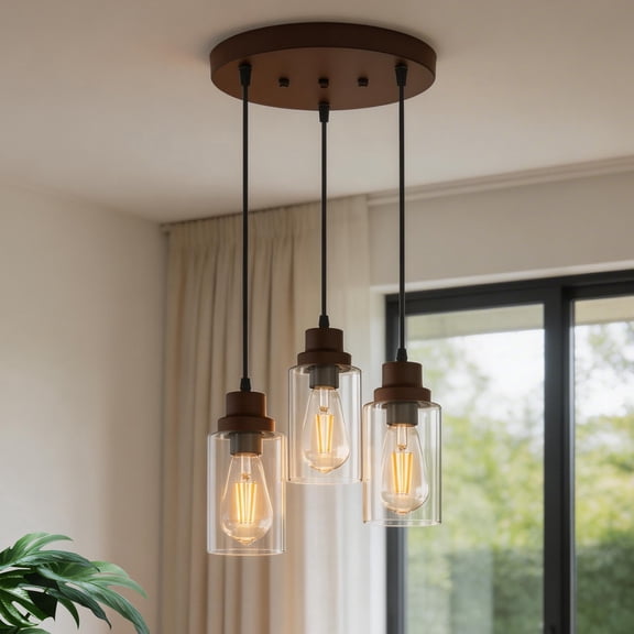 YANSUN 9.8 in 3-Light Adjustable Pendant Light, Modern Industrial,Clear Glass Shade, E26 Base for Kitchen Island, Dining Room, Living Room