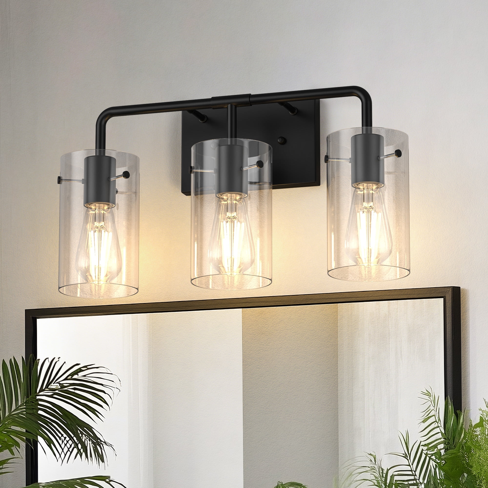 YANSUN Bathroom Vanity Light Fixture, 18 in 3-Light Black Metal Bathroom Light Fixtures Over Mirror, with Clear Glass Shade, Modern Farmhouse Vanity Lights, Rustic Restroom Lighting Fixtures