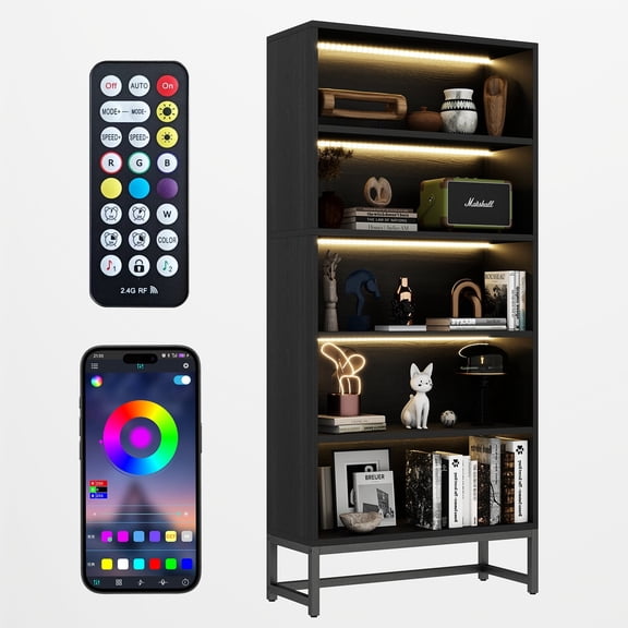 EMOLSOM Black 5-Tier Bookshelf with Smart RGB LED Lights & Music Sync, Heavy Duty Wood Bookcase with App Control for Living Room, Home Office, Bedroom
